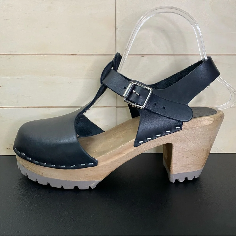 Mia Madeline Swedish Clogs Women's Size 7.5 Shoes EU38 Black Leather Wooden - Picture 4 of 11